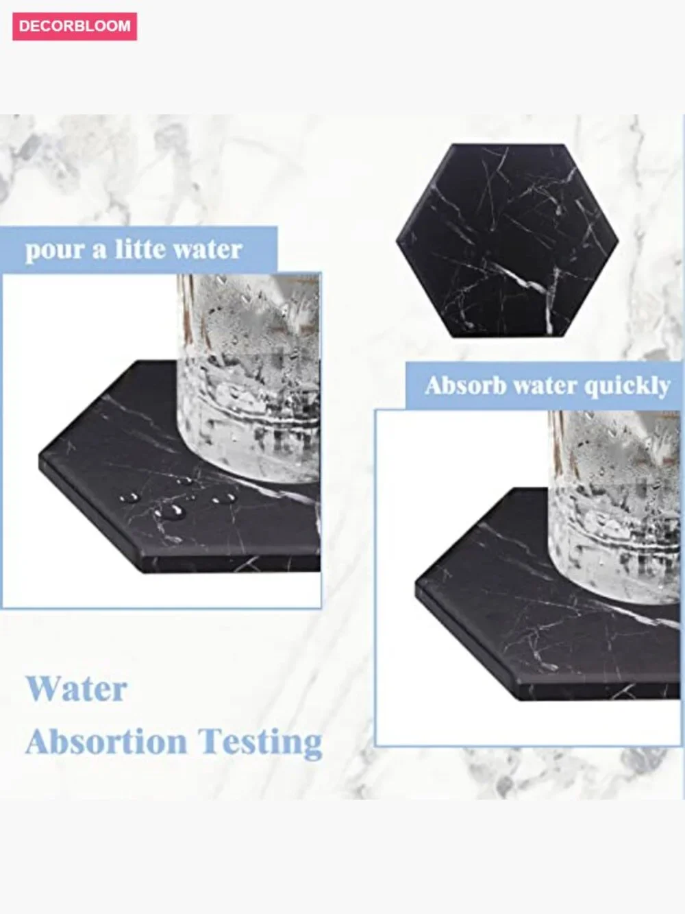 Hexagon Marble Coasters for Drinks with Gold Holder Set of 6 Absorbent Cork Base